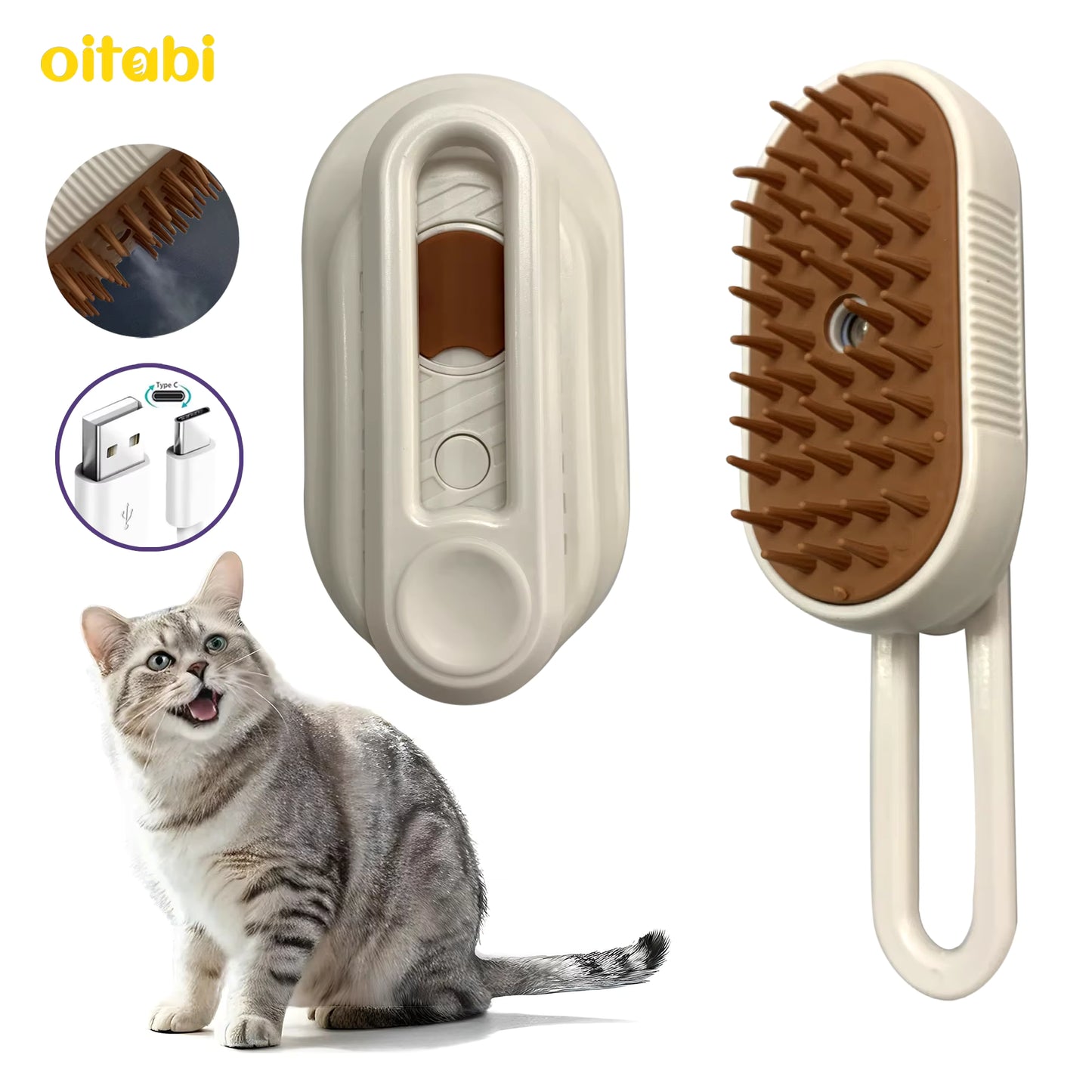 Electric Cat Steam Brush – 3-In-1 Pet Grooming Comb with Water Spray for Cats and Dogs, USB Rechargeable